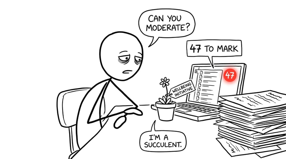 Comic about a teacher asking a wellbeing succulent to moderate an overflowing marking queue