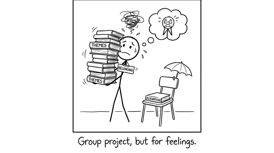 A stressed IB student tries to fit in with a stack of books labeled themes while another book labeled Alienation sits alone with a tiny umbrella