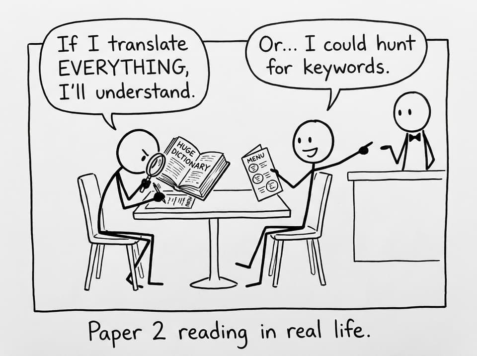 Two students: one translating everything, one hunting keywords