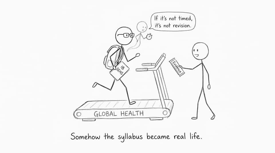 Student revising global health on a treadmill