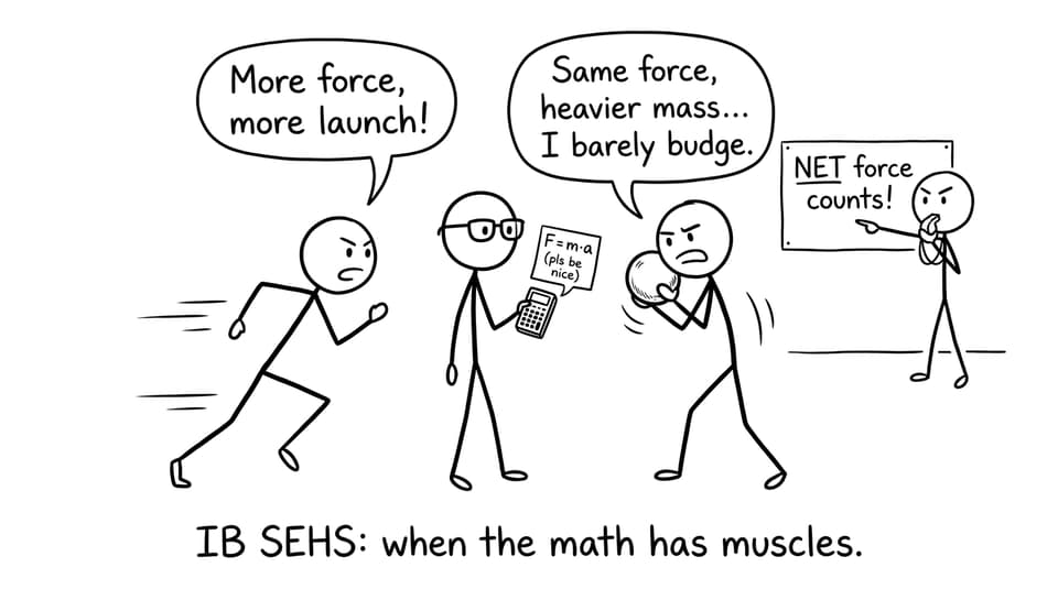 IB SEHS Newton's Second Law comic: sprinter vs shot put