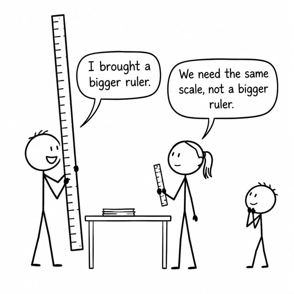 Two teachers compare rulers while a student watches the discussion about using the same marking scale