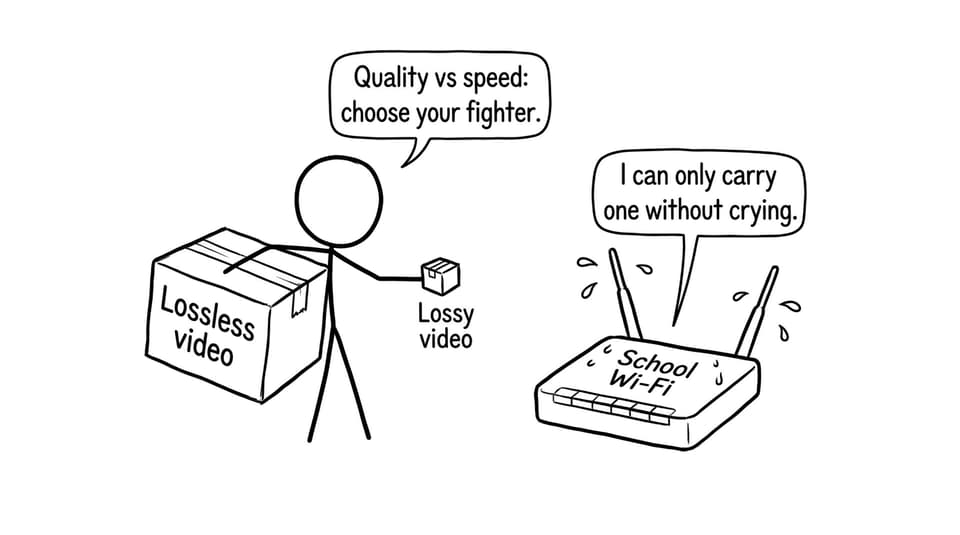 School Wi-Fi router choosing between a huge lossless package and a small lossy package.