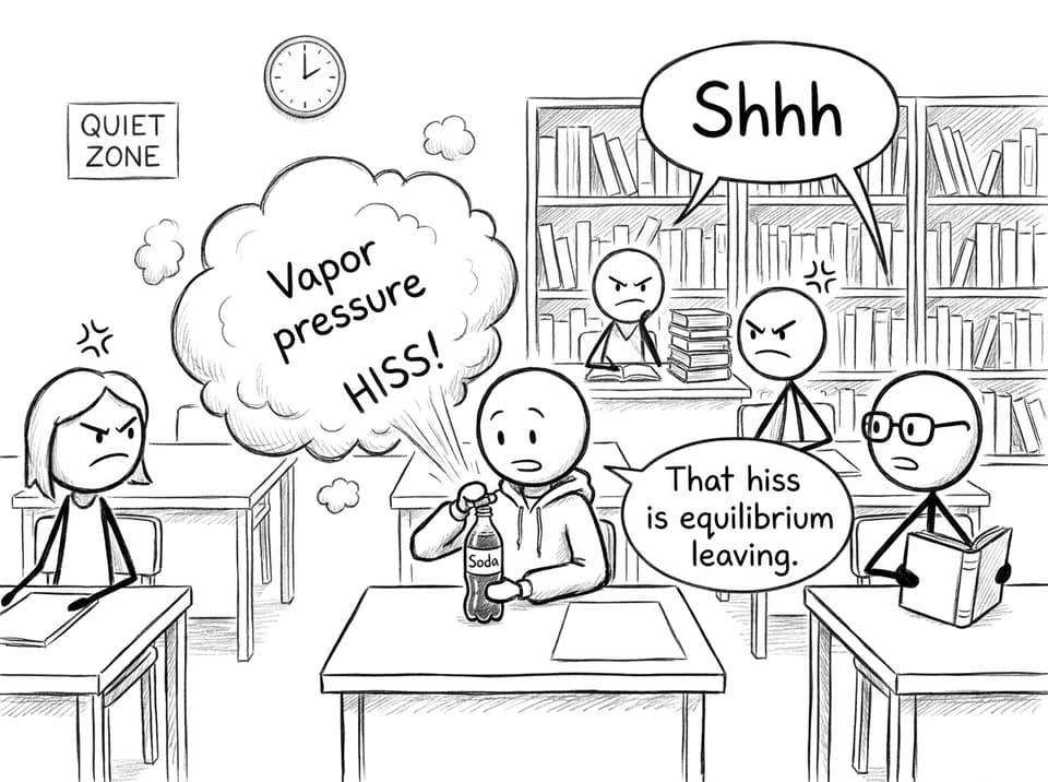 A soda bottle vapor pressure joke in a library