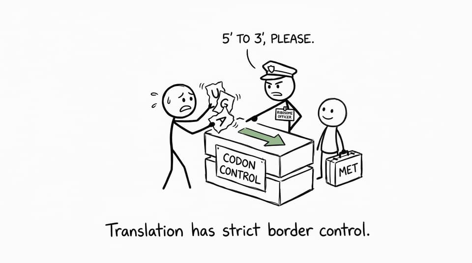 A student encounters strict 5′ to 3′ codon control