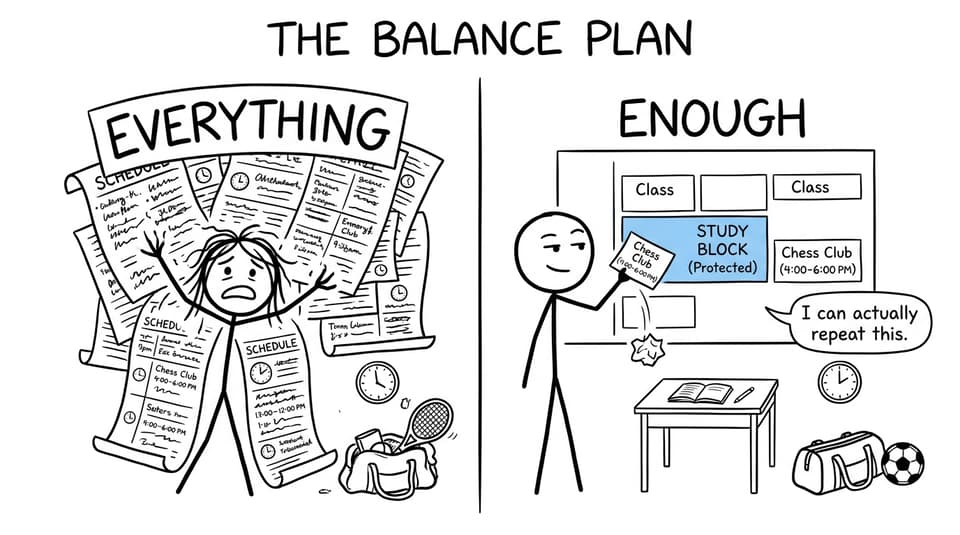 XKCD-style comic contrasting a schedule filled with everything and a calmer plan containing enough