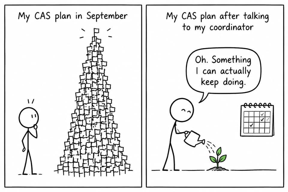 A student replaces an overwhelming tower of project flags with one manageable plant beside a calendar