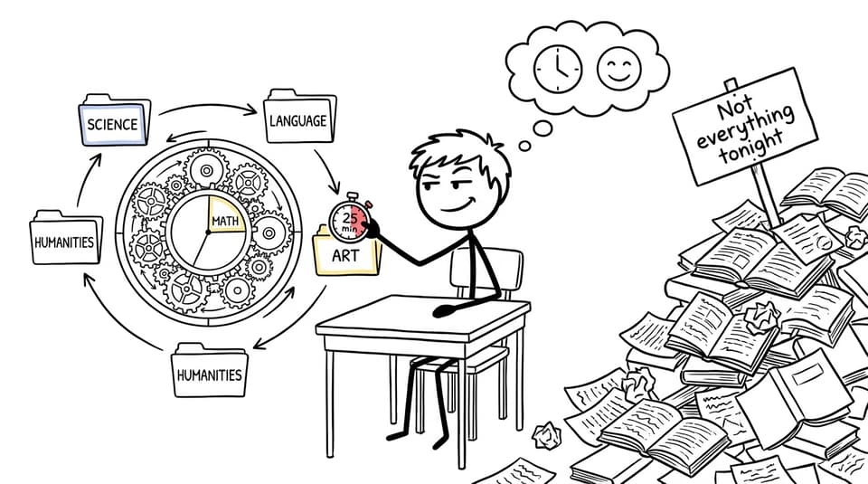 XKCD-style student rotating a timer among MYP subject folders while a book pile says Not everything tonight