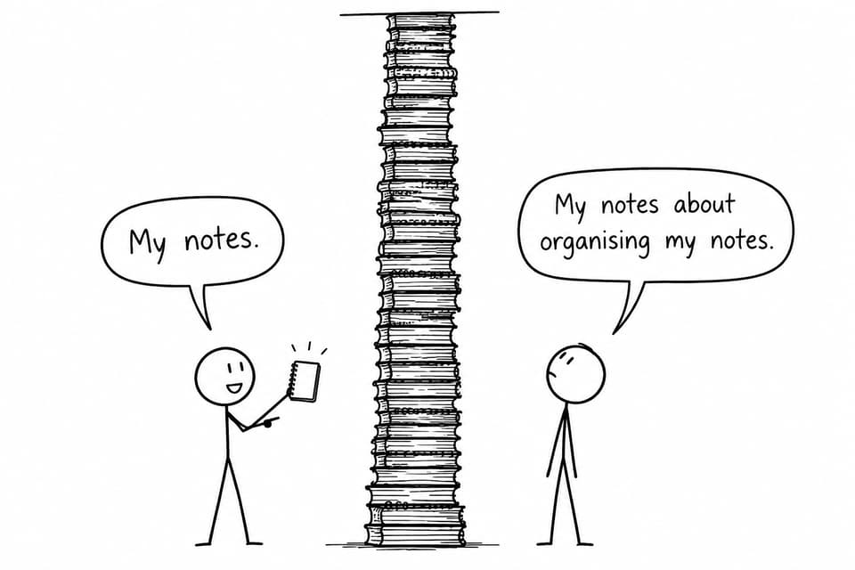A student with one small notebook stands beside another student overwhelmed by a tower of notebooks about organizing notes.