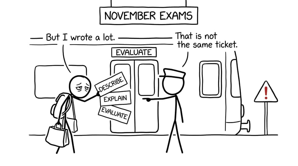Comic showing an IB student trying to board the evaluate train with a describe ticket