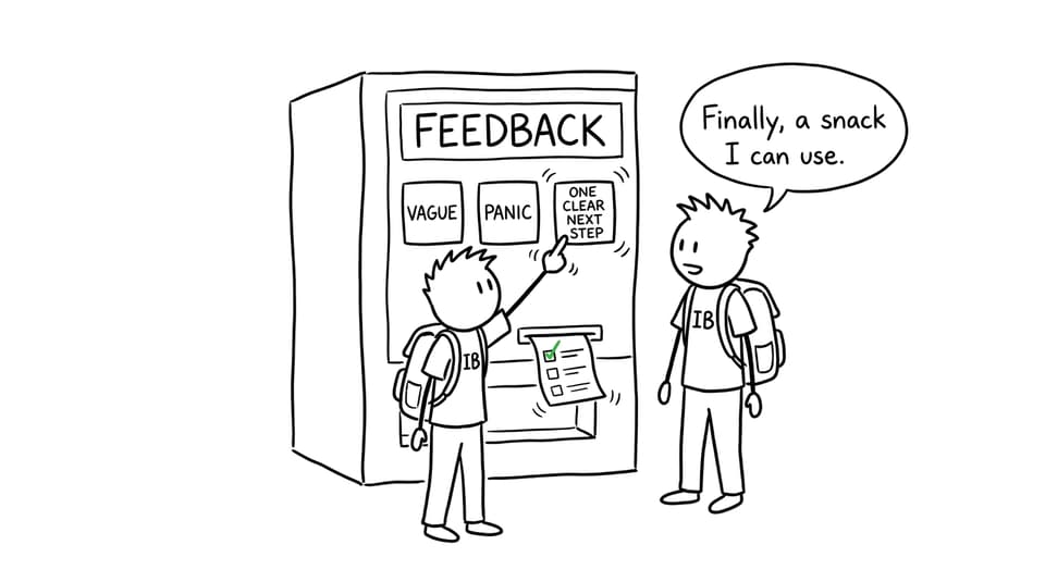 Two students choosing one clear next step from a feedback vending machine