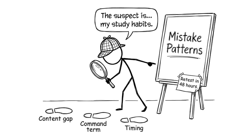 Detective examining mistake patterns content gap command term timing