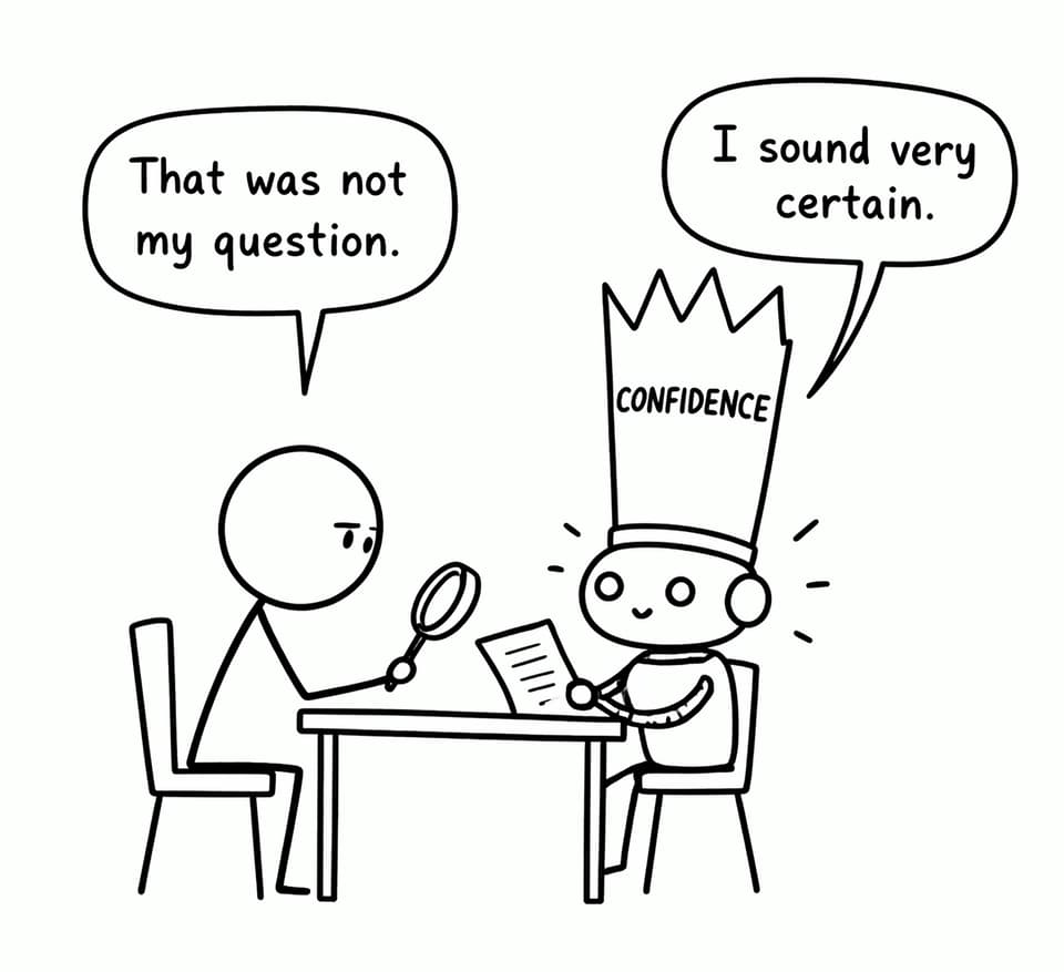 A student questions a robot wearing a tall crown labelled confidence