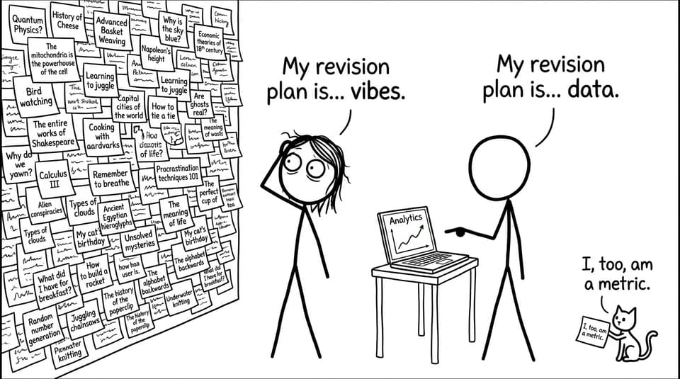 Stick figures comparing vibes vs data revision plans