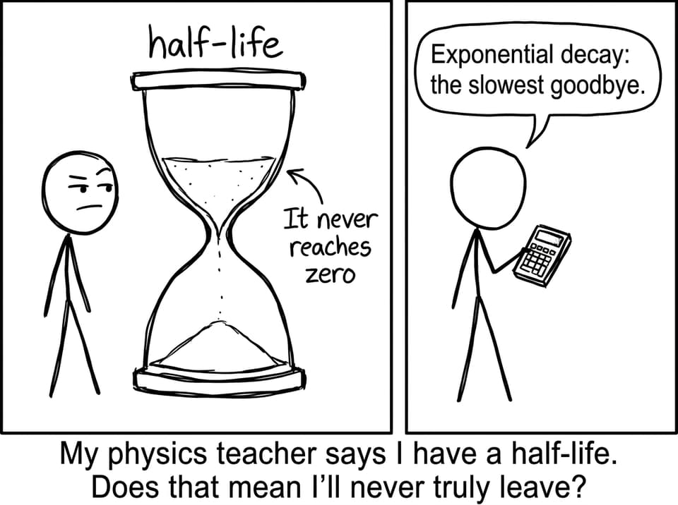 Half-life hourglass joke about never reaching zero