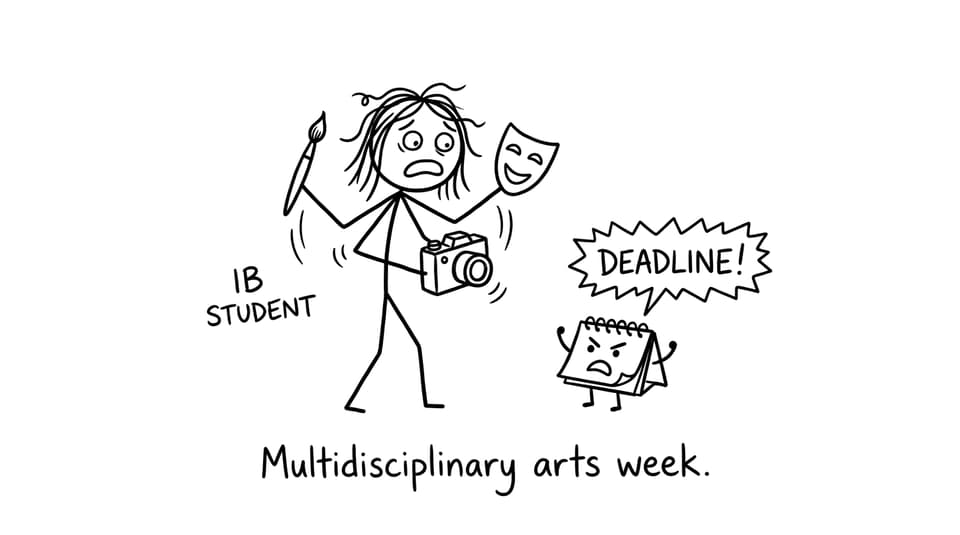Student juggling art disciplines humor