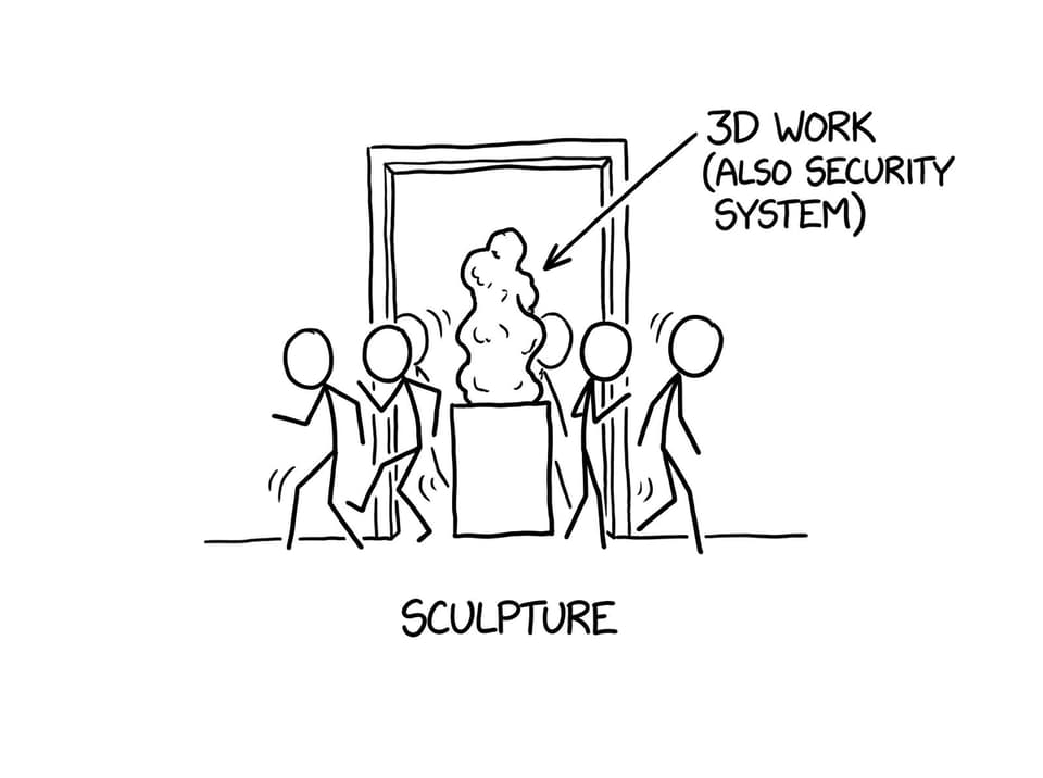 Sculpture in doorway labeled “also security system”