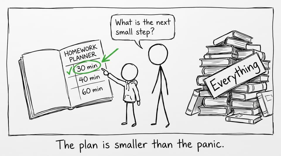 XKCD-style comic of a parent and student shrinking a huge homework pile into one small next step