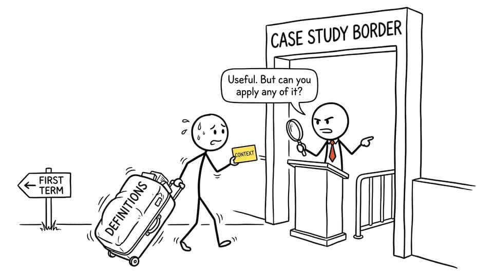 An IB Business Management student tries to carry definitions through the case study border