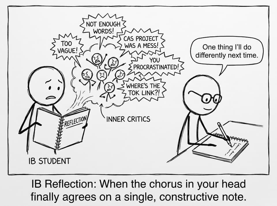 An IB student debates their inner critics while writing a reflection.