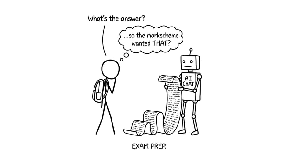 A student asks AI Chat about markscheme surprises in XKCD comic style