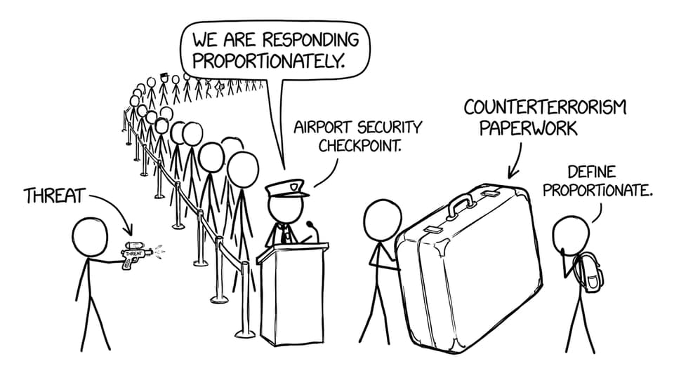 Airport security line with a joke about proportionality