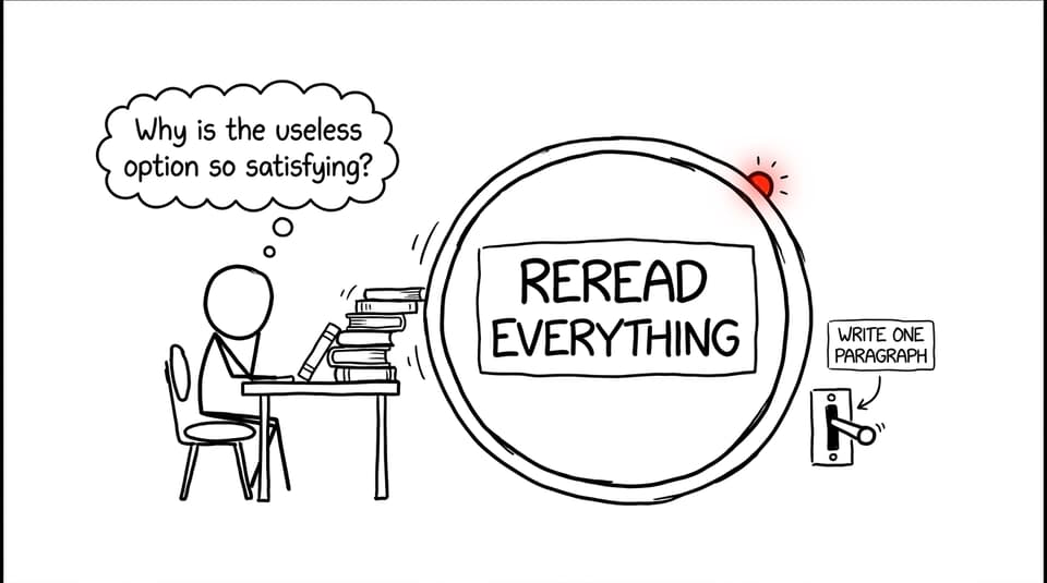 Comic showing a student choosing between passive rereading and writing one paragraph