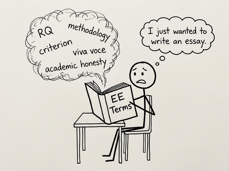 A student opens an “EE Terms” book and jargon floats out