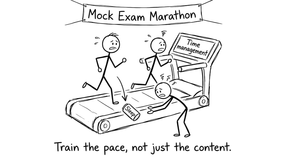 Two students run a “Mock Exam Marathon” on a treadmill labeled time management