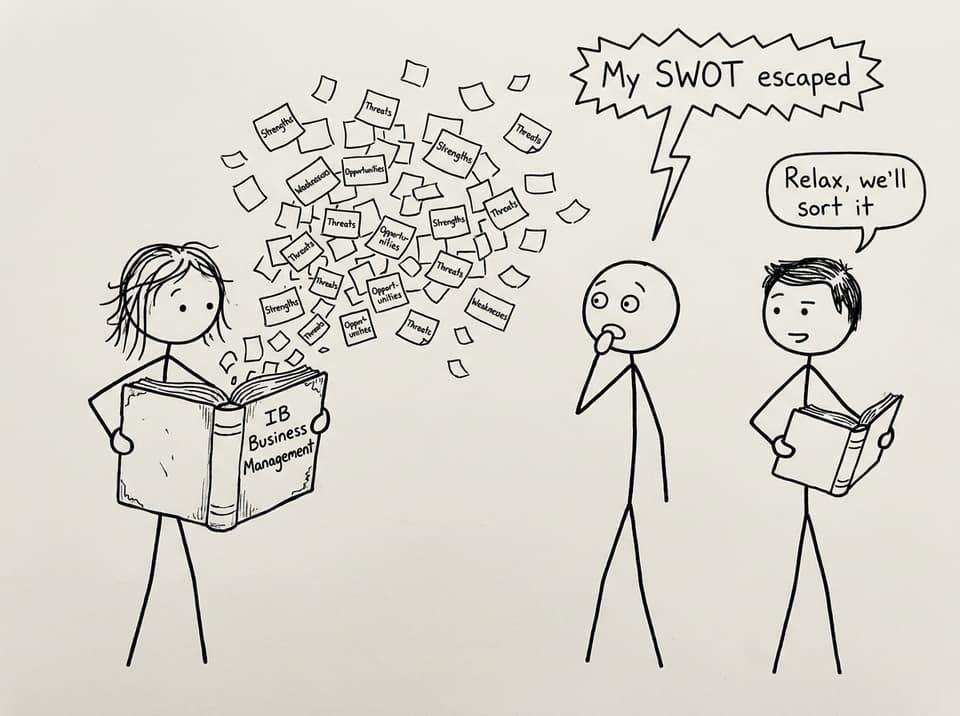 An IB student’s SWOT sticky-note escape, XKCD-style