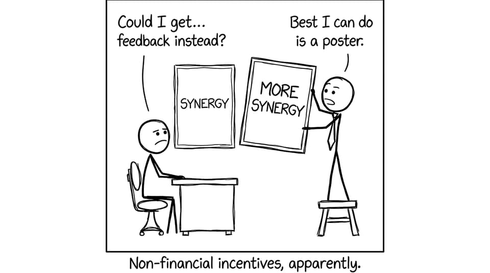 A manager replaces a poster with another poster about synergy while an employee asks for feedback instead