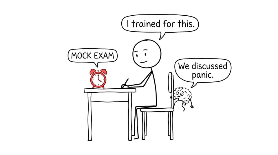 A calm student faces a mock exam while their tiny brain hides behind a chair