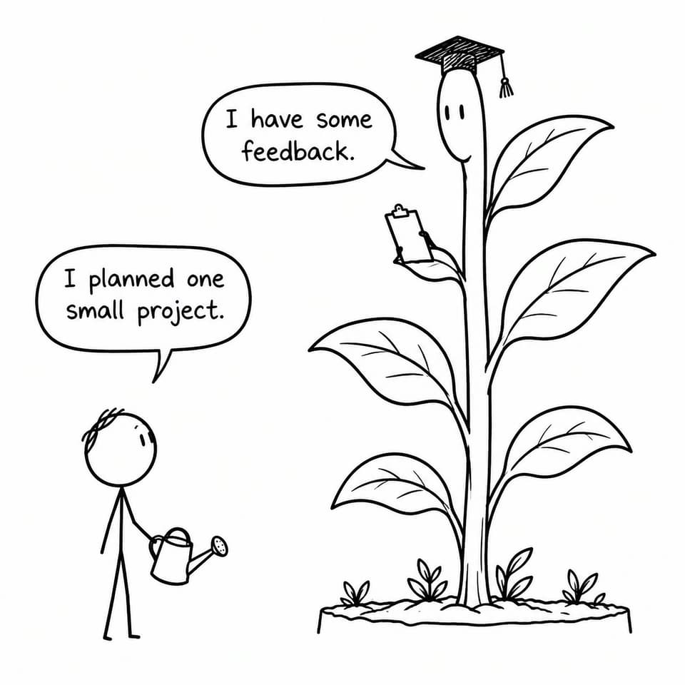 A student holding a watering can faces an enormous school garden plant wearing a graduation cap and offering feedback.