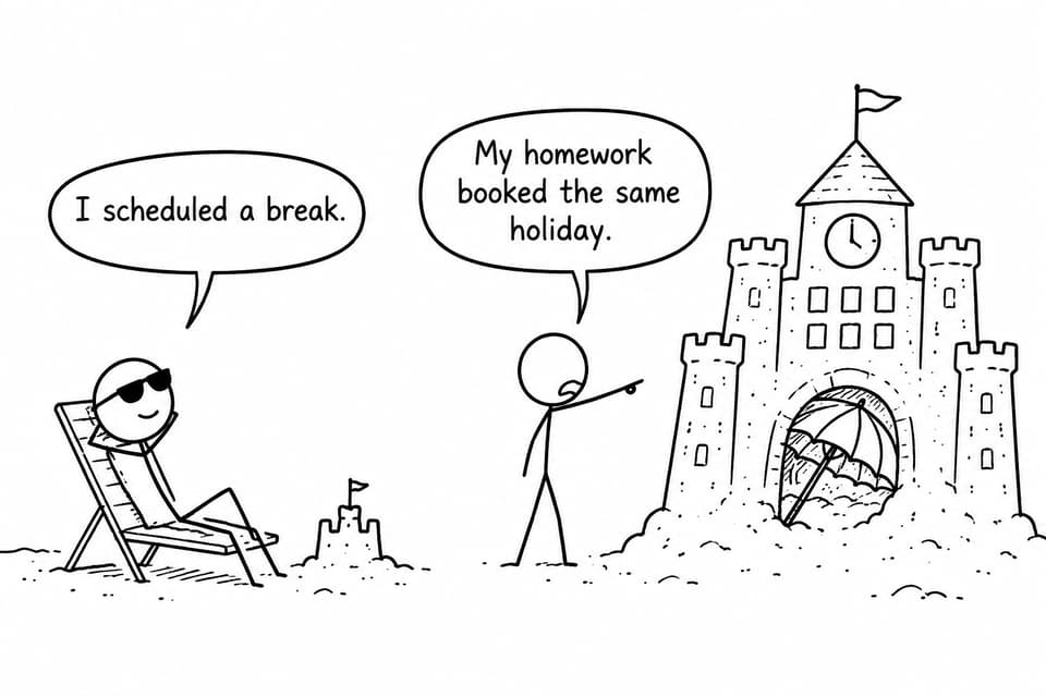 Two students discover that homework has booked the same beach holiday as their planned break