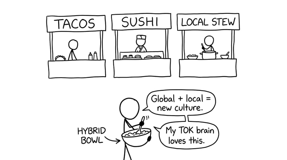Hybrid street food bowl joke about global plus local culture