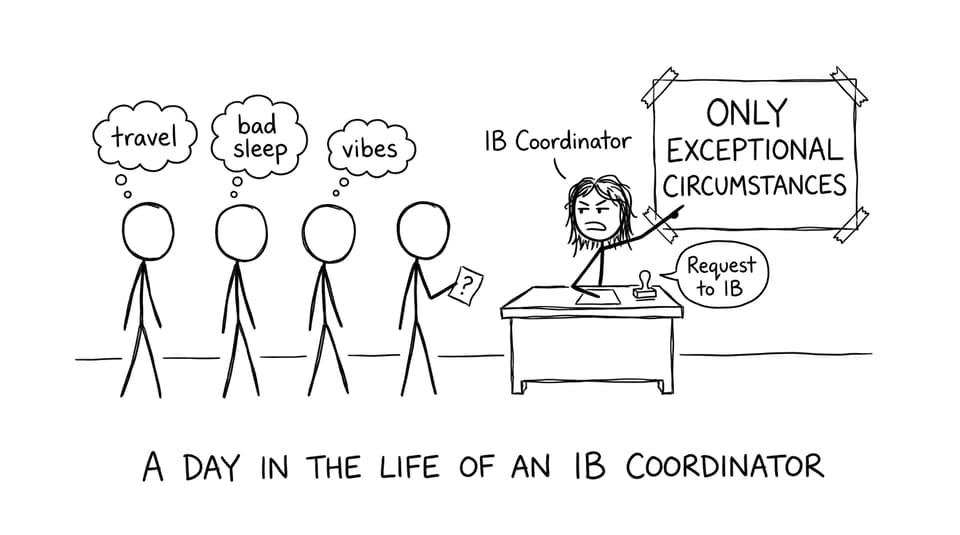 IB coordinator stamping requests while students hold silly excuses