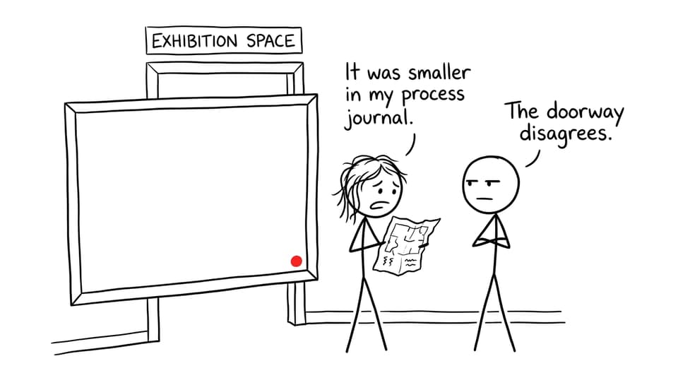 Comic about an artwork that does not fit through the exhibition doorway