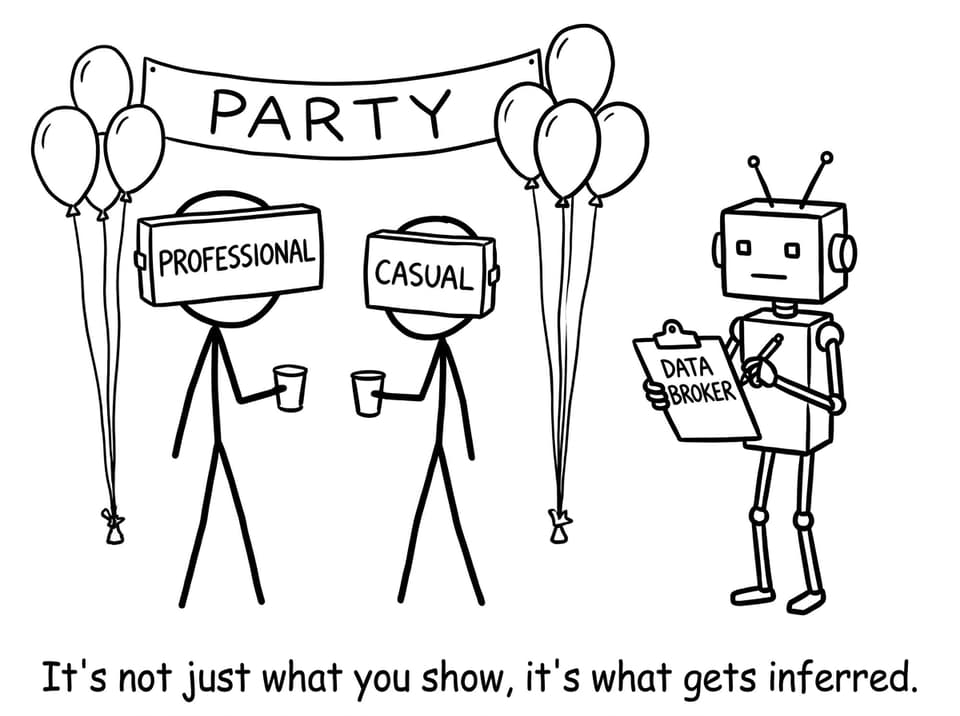 Masks at a party while a data broker takes notes