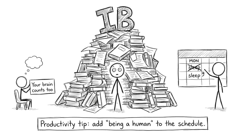 Student facing a towering IB pile with a reminder to be human