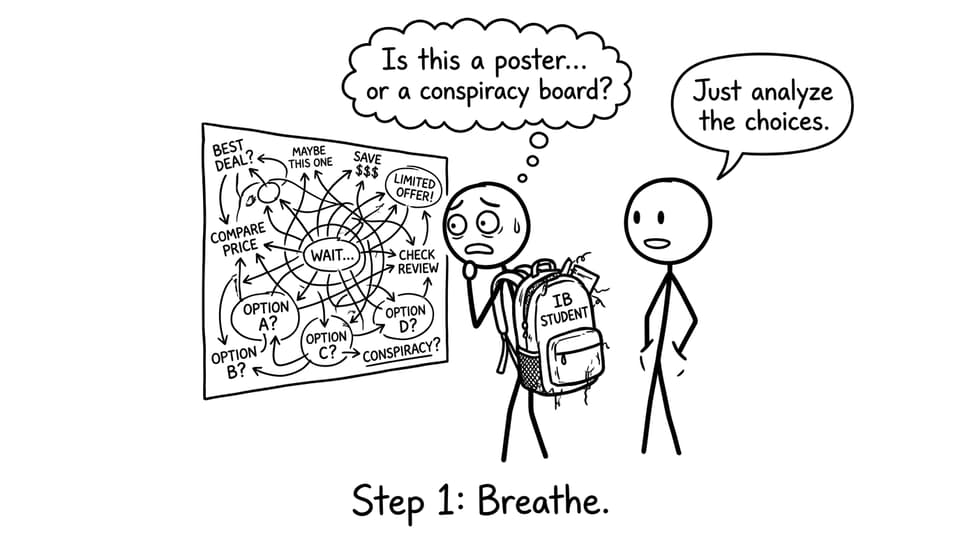 An IB student faces a chaotic poster like a conspiracy board