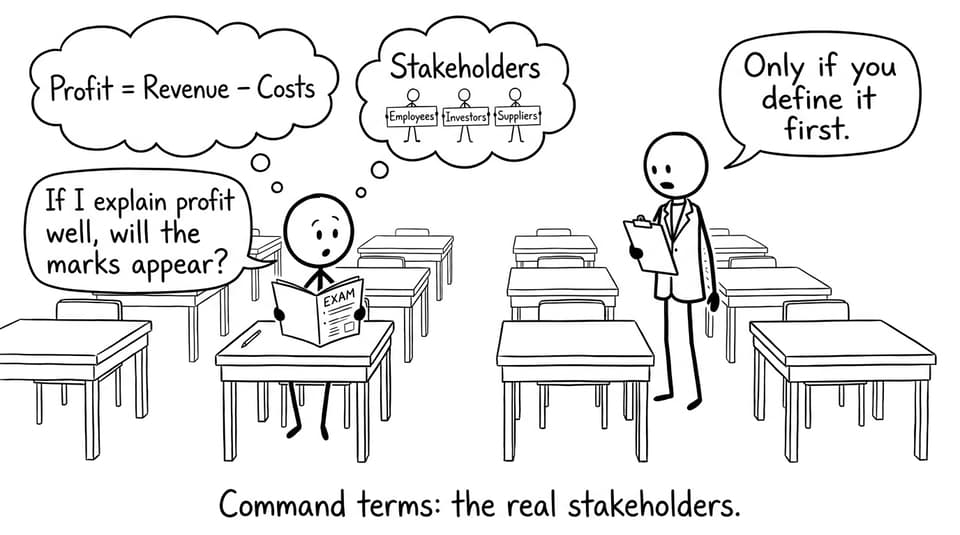 Comic about definitions and command terms in the exam hall