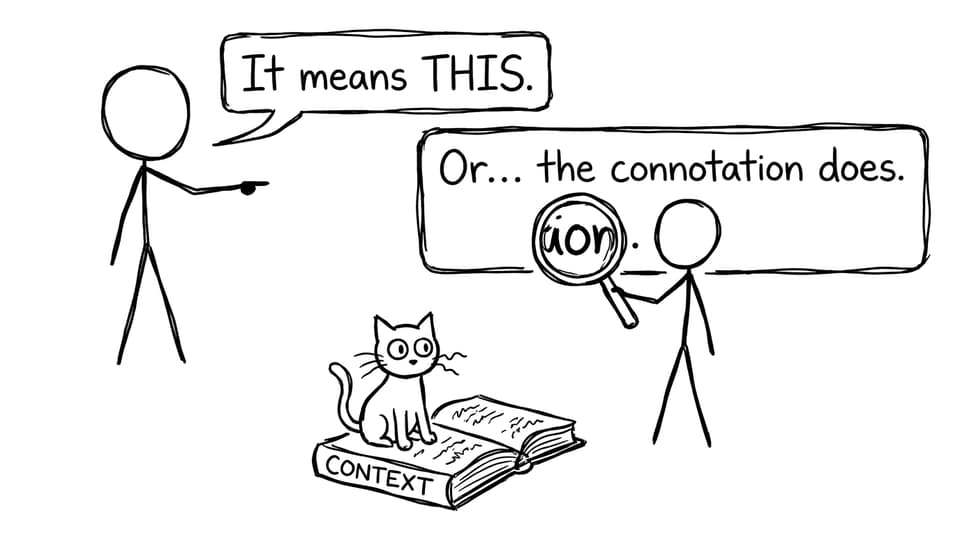 Two students argue over meaning while the cat sits on “Context”