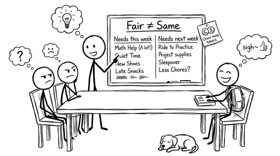 Family meeting with “Fair != Same” whiteboard