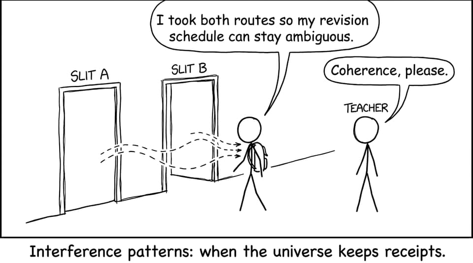 Double-slit as two doors in a school hallway joke