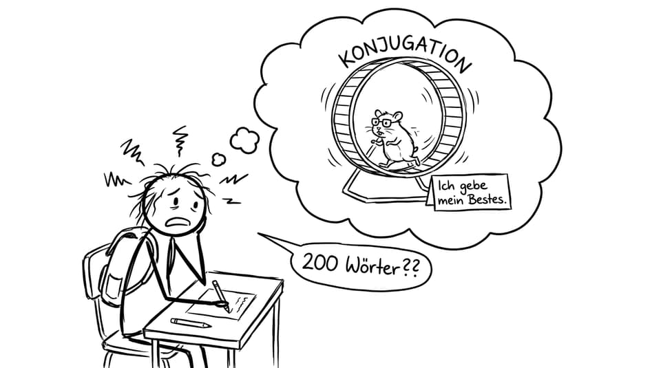 Anxious student vs German conjugation hamster wheel