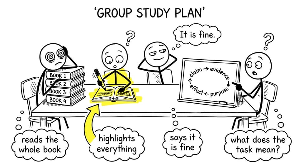 Comic showing a study group replacing vague roles with a claim, evidence, effect and purpose loop