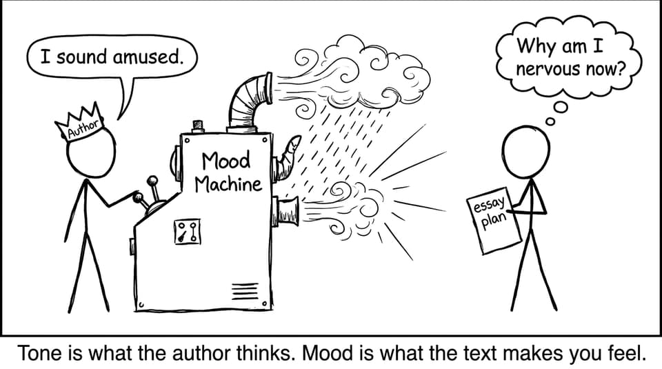 Tone is what the author thinks. Mood is what the text makes you feel.