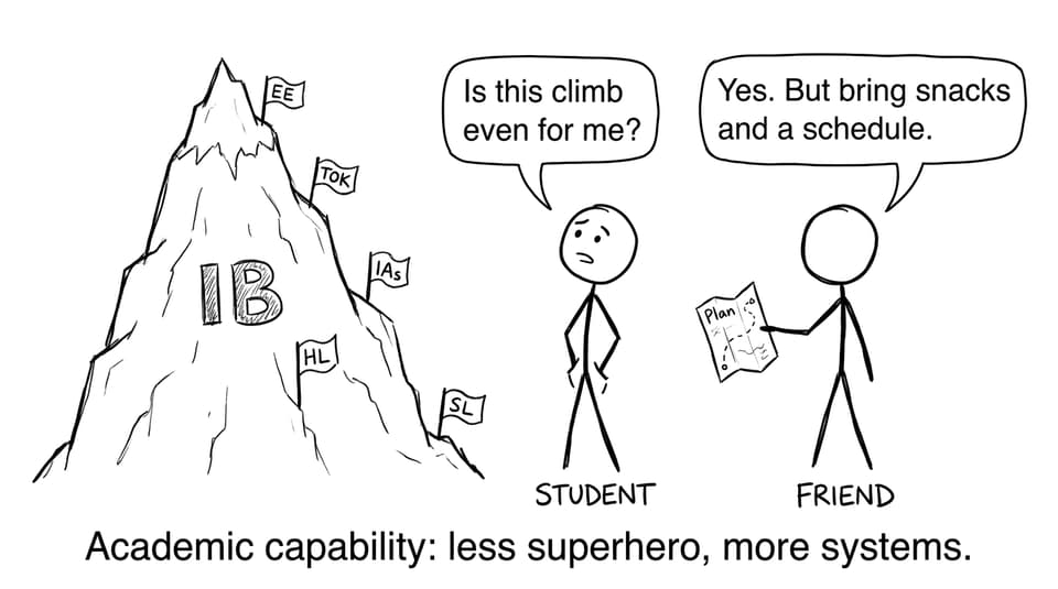 Student staring at an IB mountain
