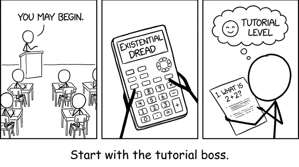 Exam hall joke: calculator displays “existential dread,” student starts with easy question