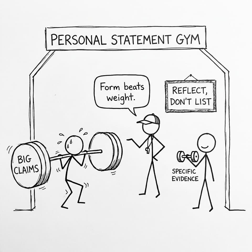Two stick figures lift evidence like weights at the Personal Statement Gym